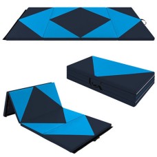8 Feet PU Leather Folding Gymnastics Mat with Hook and Loop Fasteners-Blue - Color: Blue